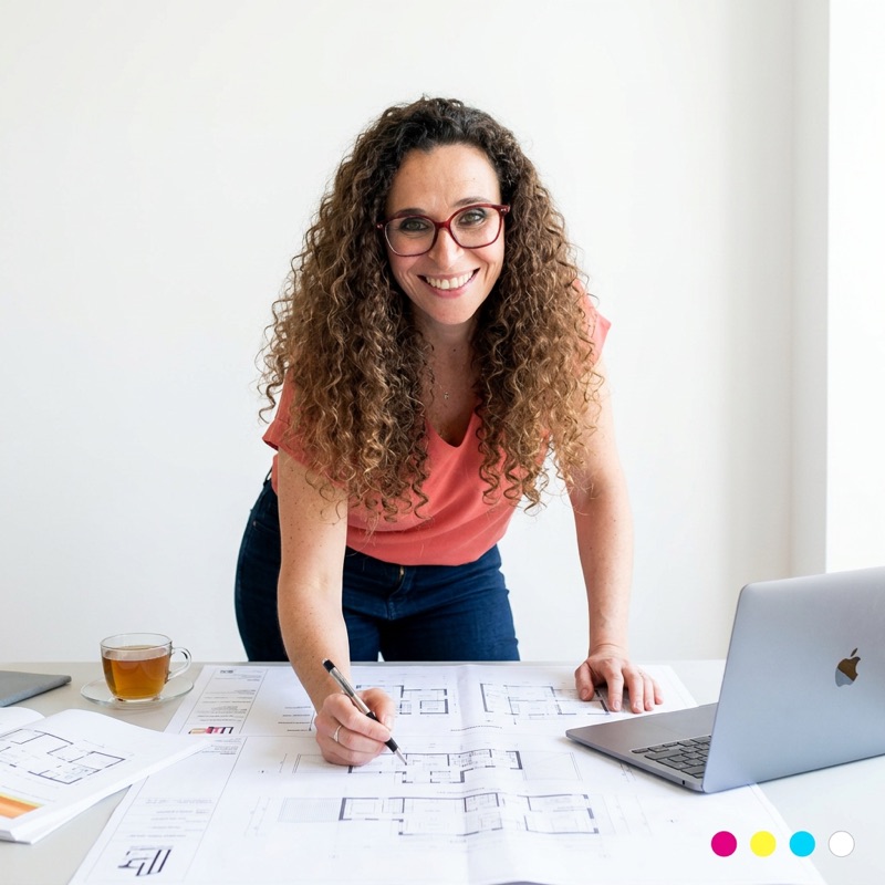 Flavie Berleand drawing on a set of floor plans, laptop beside her