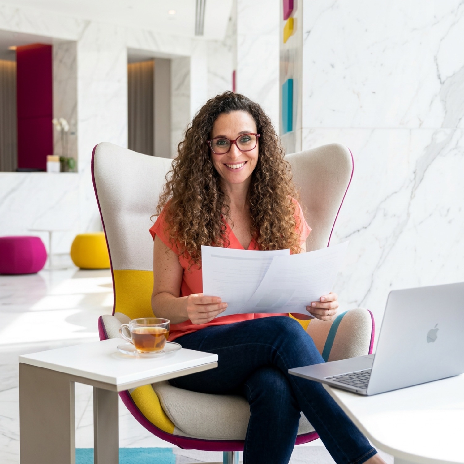 Flavie Berleand, business designer and founder of House of Her, reviewing a client's material