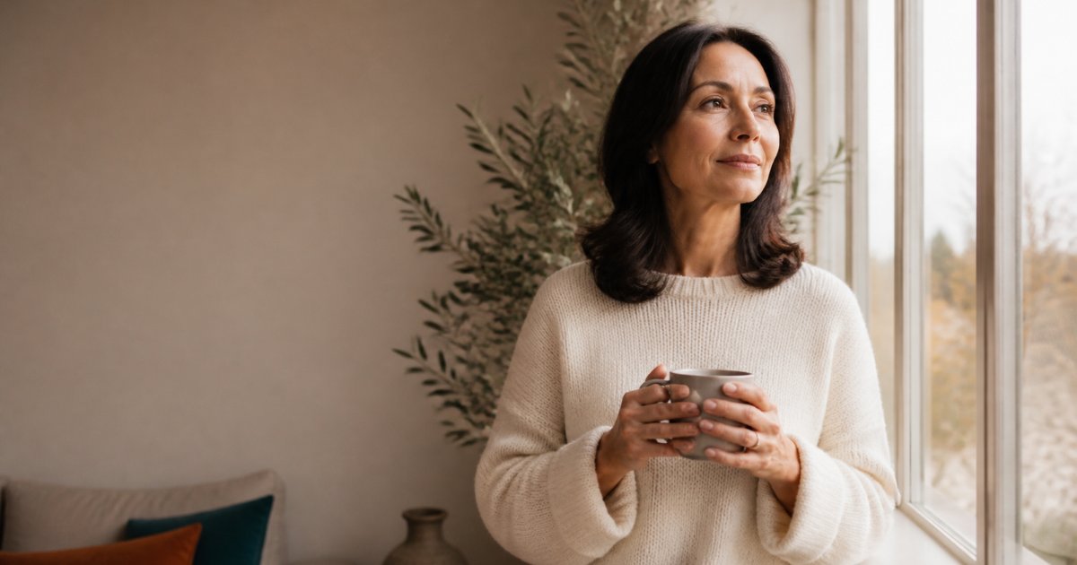 A woman in her fifties at home, thoughtful