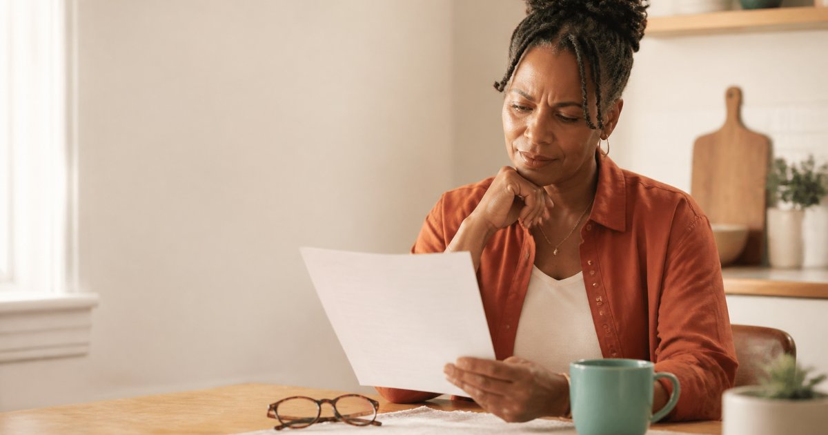 A woman at her kitchen table reading her lab results