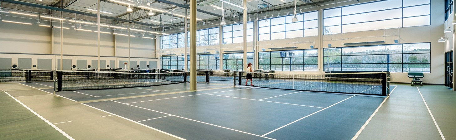 Indoor pickleball courts with engineered sports netting systems.
