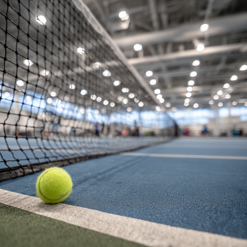 Tennis ball beside engineered sports netting on an indoor tennis court.