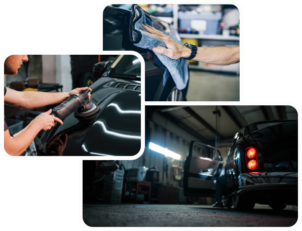 Collage of auto detailing services: A man polishing the exterior of a car, wiping a car, and a car in an auto detailing shop