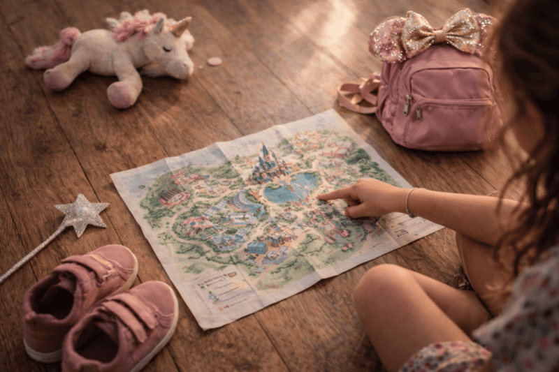 Familia planificando itinerario Disney con mapa