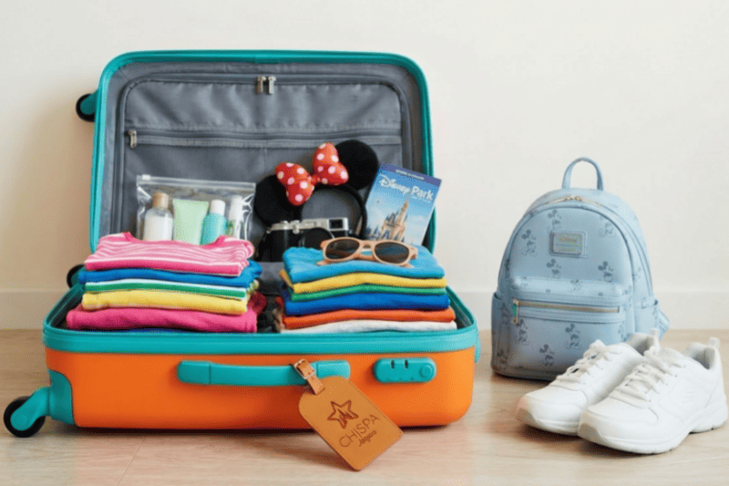 Maleta abierta con ropa cómoda, cargador y básicos para un viaje Disney