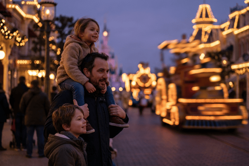 Familia monoparental viendo un desfile Disney al atardecer con luces y ambiente mágico
