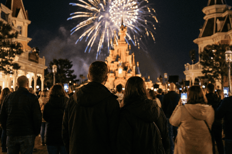 Castillo Disney iluminado de noche, ambiente mágico y fuegos artificiales