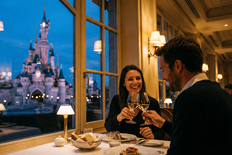 Mesa para dos con velas y decoración elegante en una cena en Disney