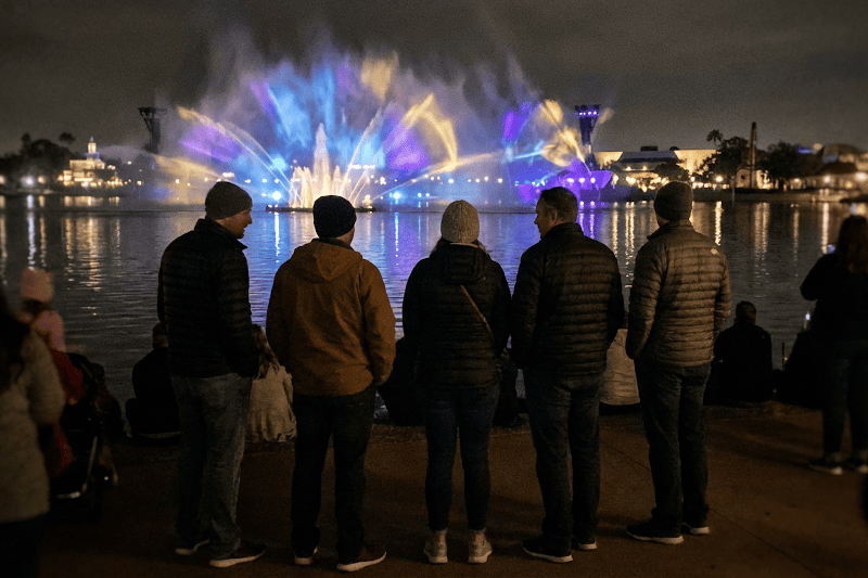 Show nocturno en Disney con luces y público mirando emocionado
