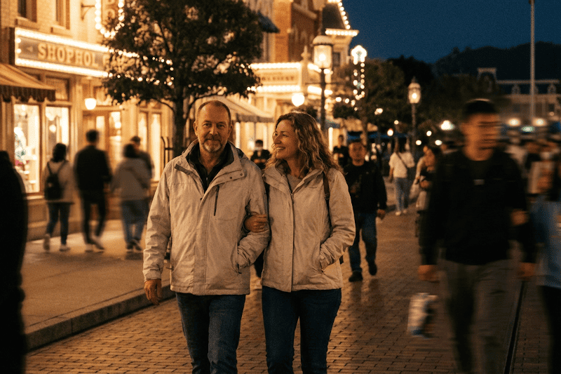 Pareja adulta caminando por una calle iluminada en Disney por la noche