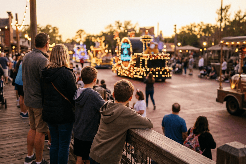 Familia viendo un desfile Disney con música y luces al atardecer
