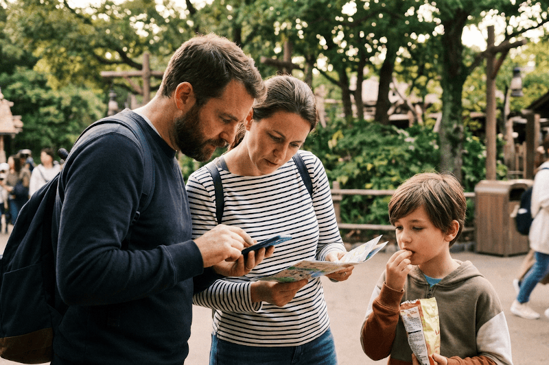 Padres revisando el mapa del parque y el móvil mientras el niño come un snack