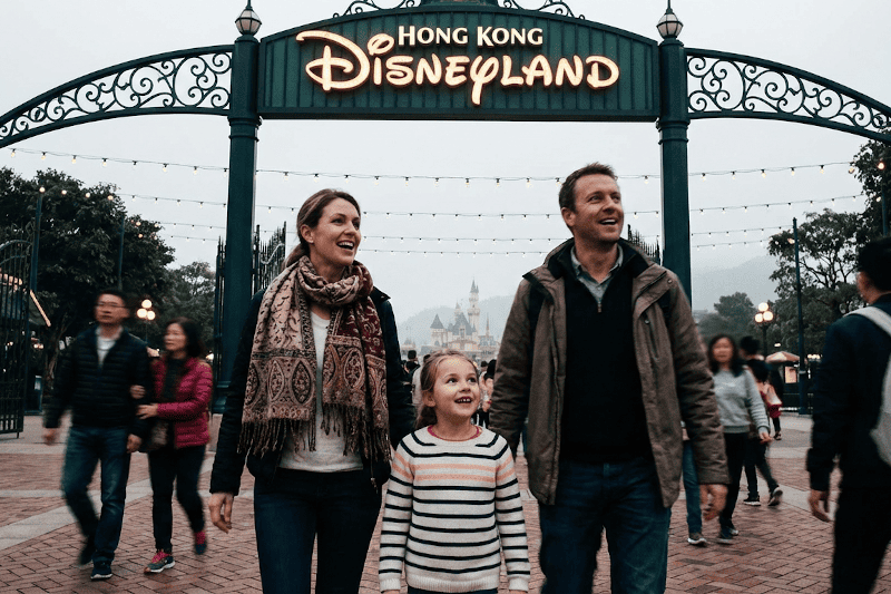 Visitantes entrando por primera vez a Disney con el castillo al fondo y emoción en la cara