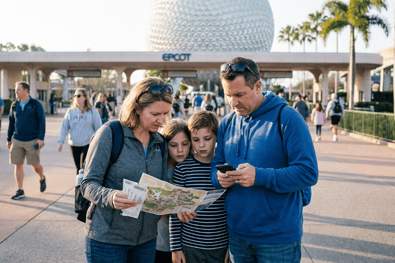 Familia revisando documentos y billetes antes de entrar a Disney con calma