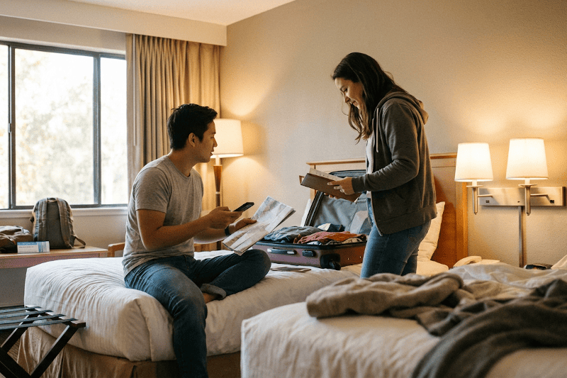 Pareja con maleta y carpeta de documentos en un hotel, preparación del viaje