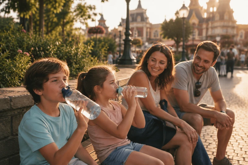 Familia descansando en Disneyland Paris con niños bebiendo agua gratis durante el viaje.