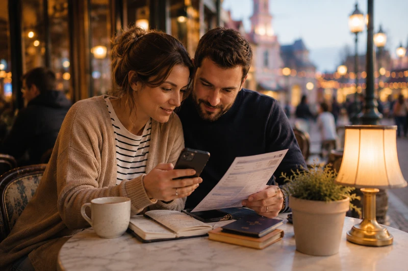 Pareja revisando reservas antes de entrar en Disneyland Paris