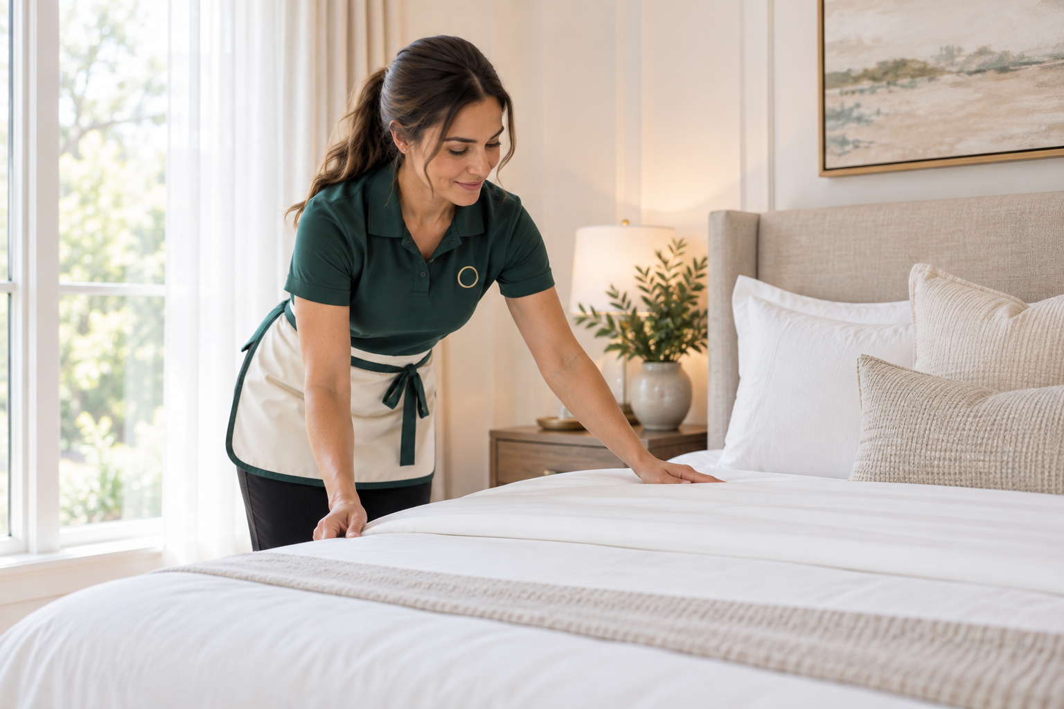 Recurring house cleaning professional making a bed with crisp white linens in an Oakville home