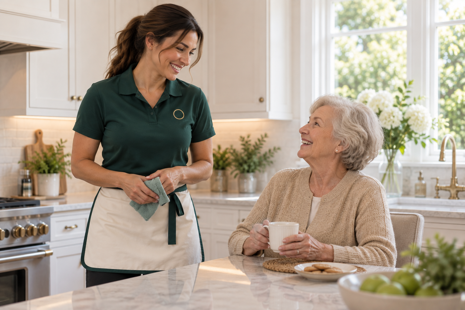 Cleaning for seniors, a Cleaning Routine professional chatting warmly with a senior client at home