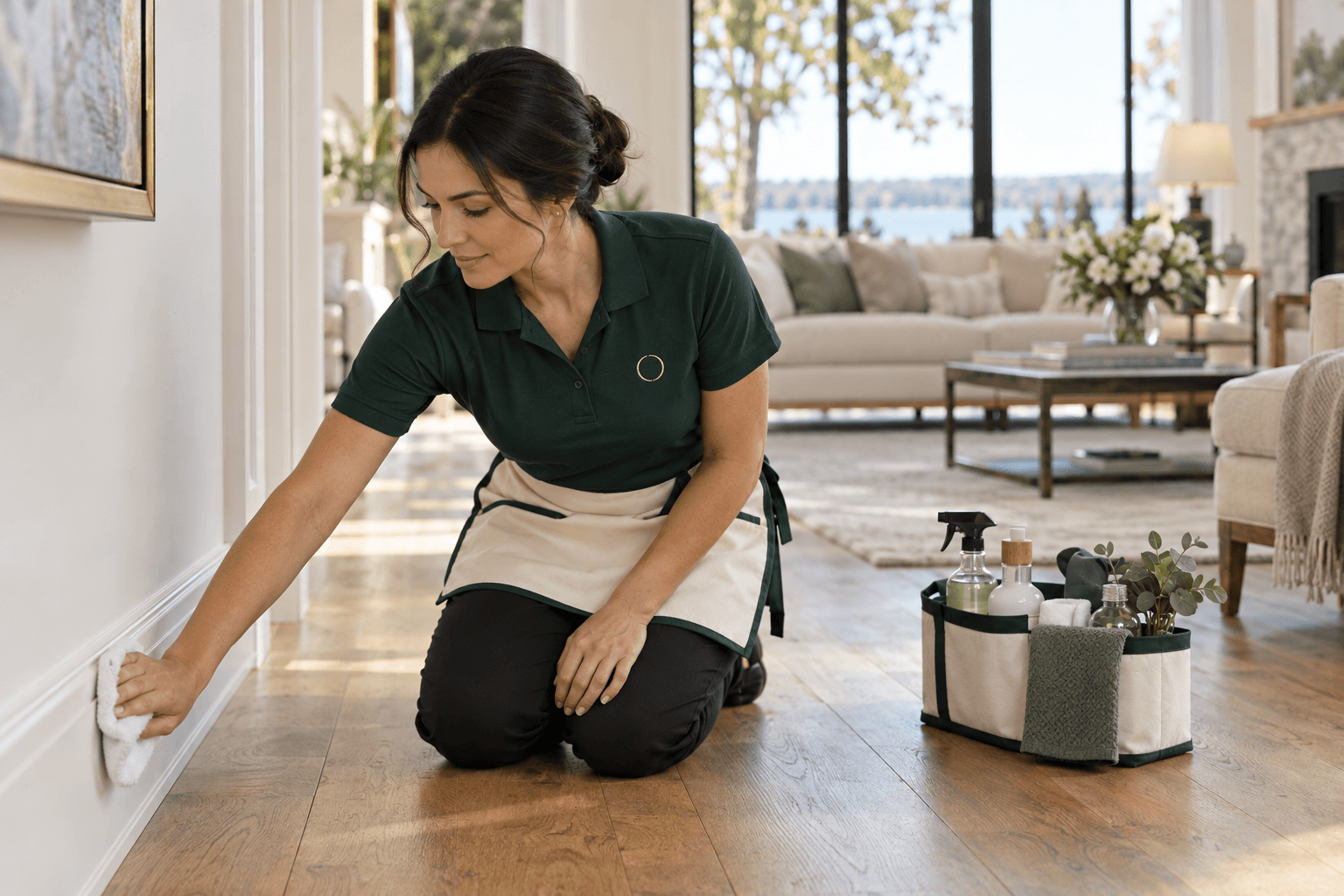 Cleaning Routine professional deep cleaning baseboards along oak floors in an Oakville home