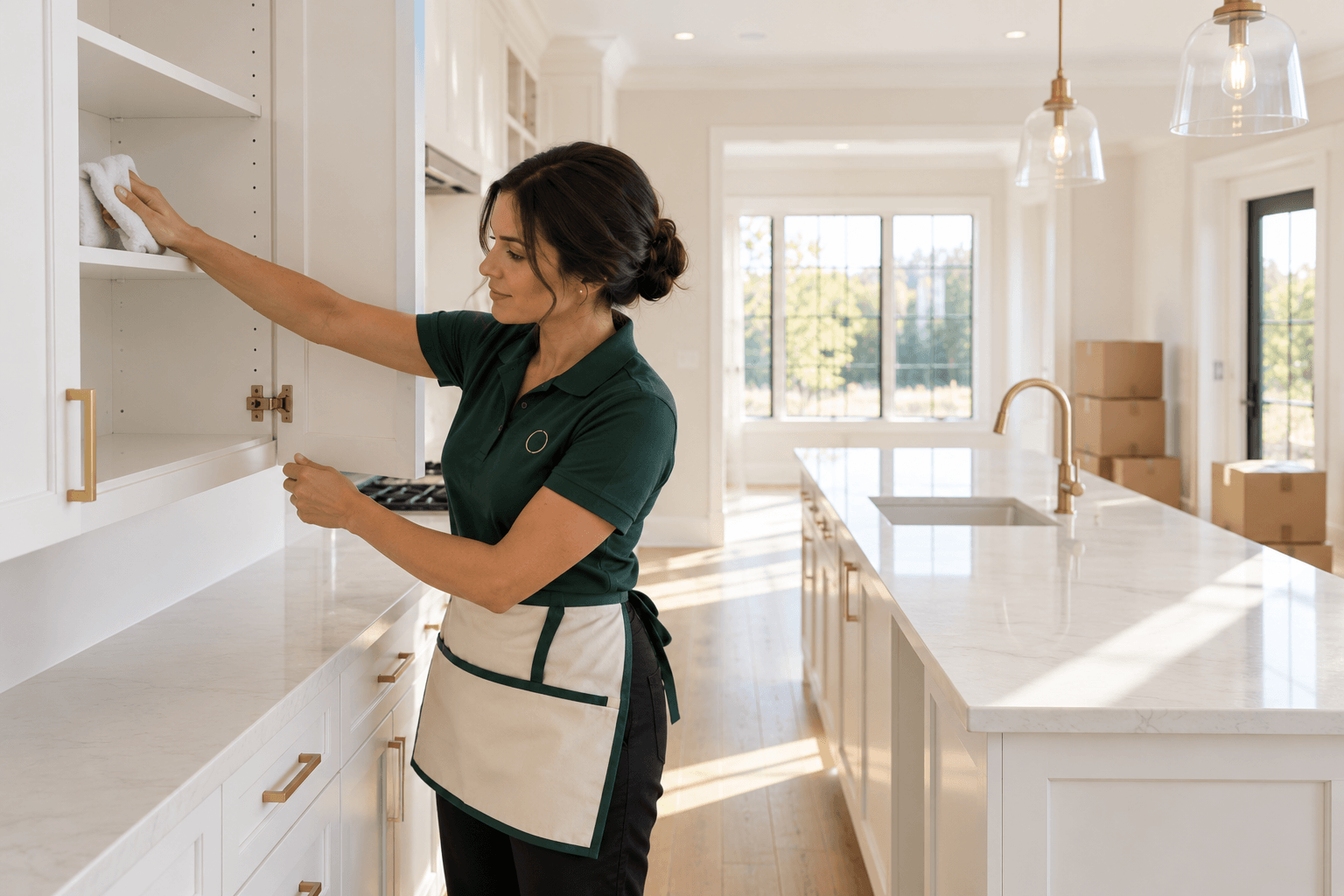 Cleaning Routine professional wiping inside empty kitchen cabinets during a move out cleaning in Oakville