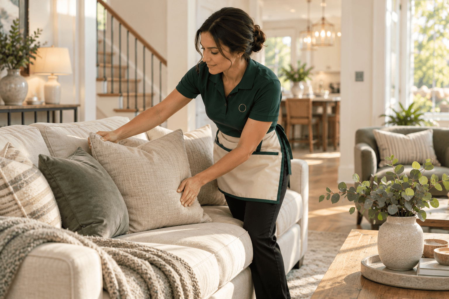 Cleaning Routine professional adding finishing touches during a recurring house cleaning in an Oakville home