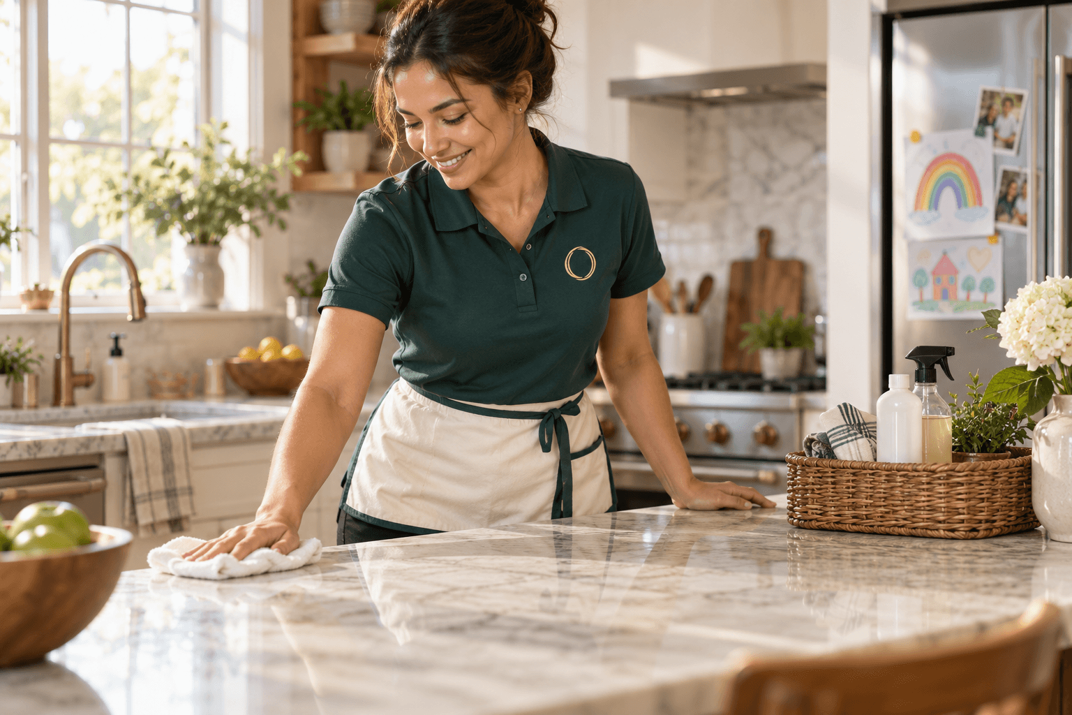 Cleaning Routine maid service professional tidying a bright family kitchen in an Oakville home