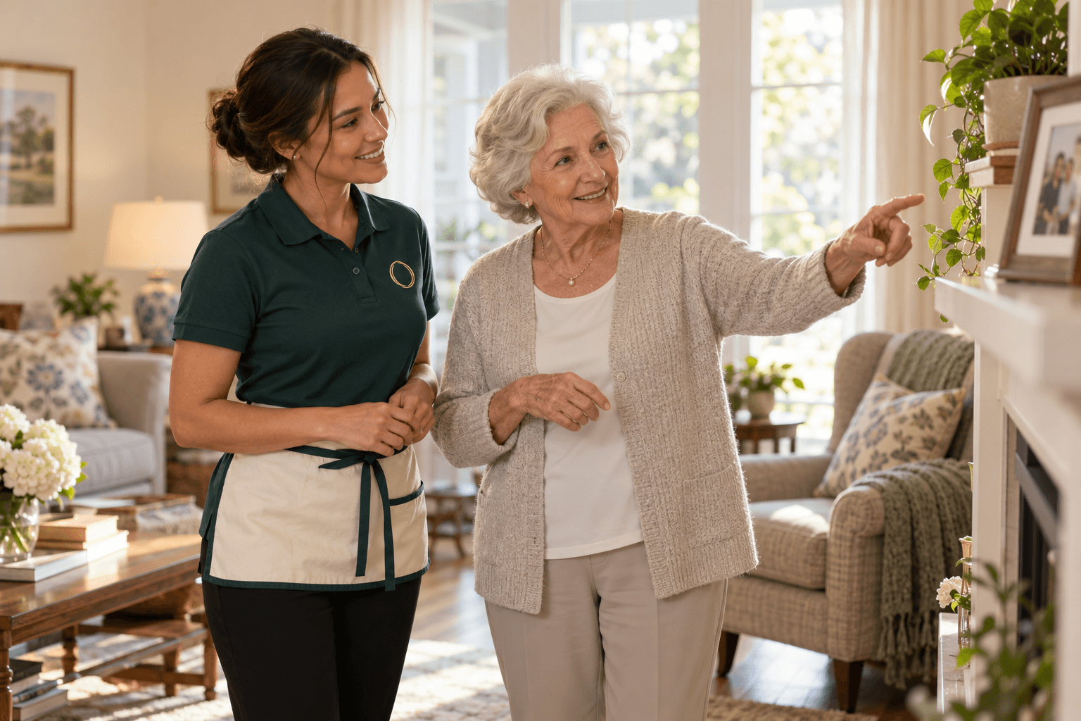 Cleaning Routine professional sharing a warm conversation with a senior client in her Halton home