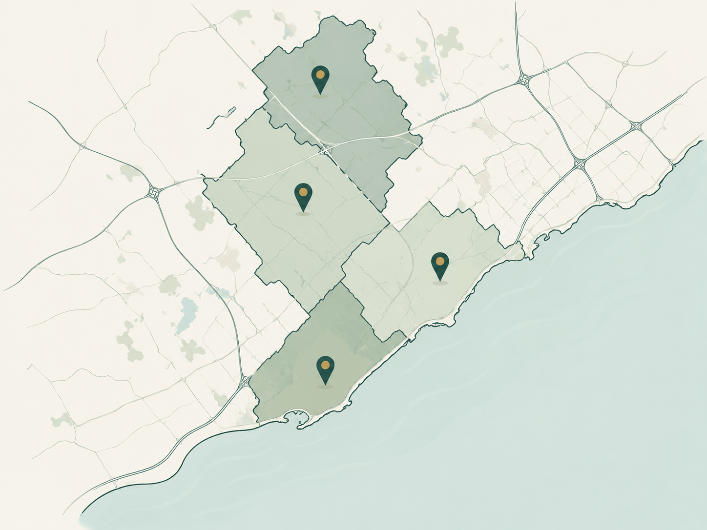 Illustrated map of Cleaning Routine's service area across Halton: Oakville, Burlington, Milton, and Halton Hills