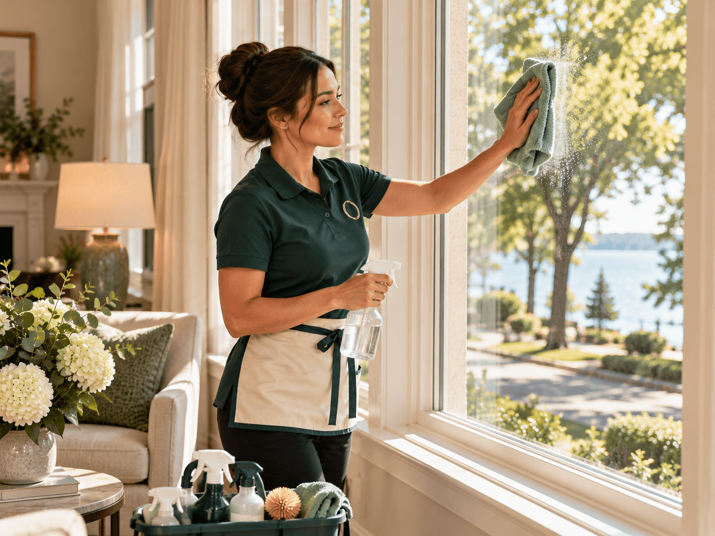 Cleaning Routine professional polishing a bright lakeview window in a Burlington home