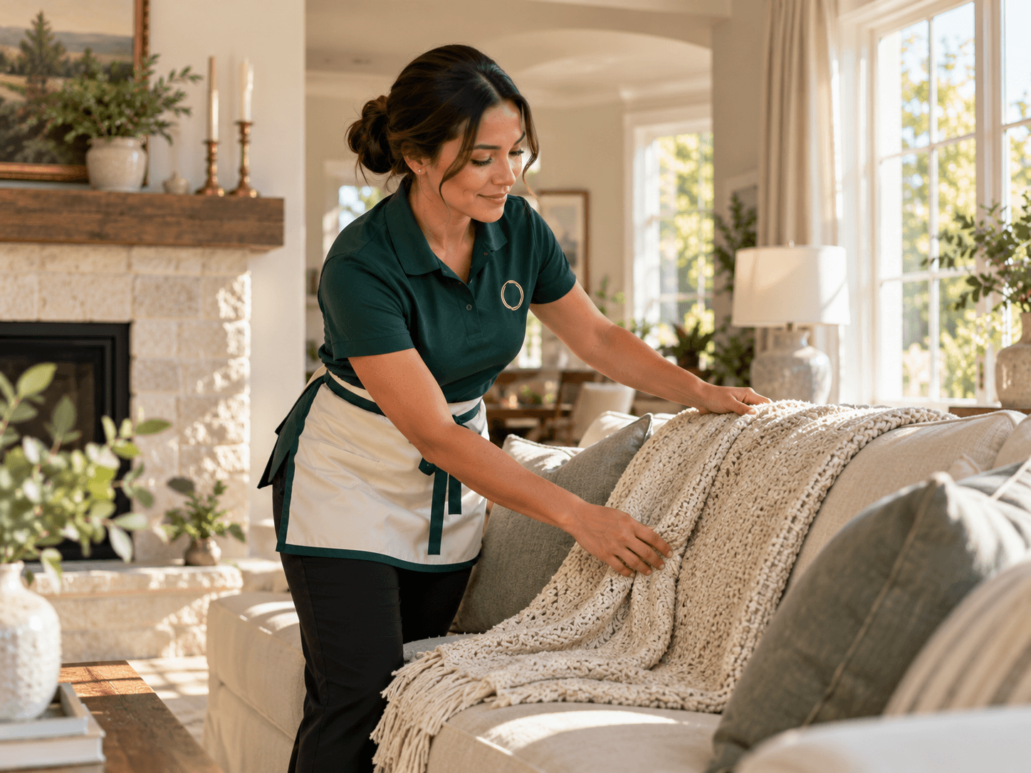 A Cleaning Routine professional carefully making up a bright living room in a Halton home