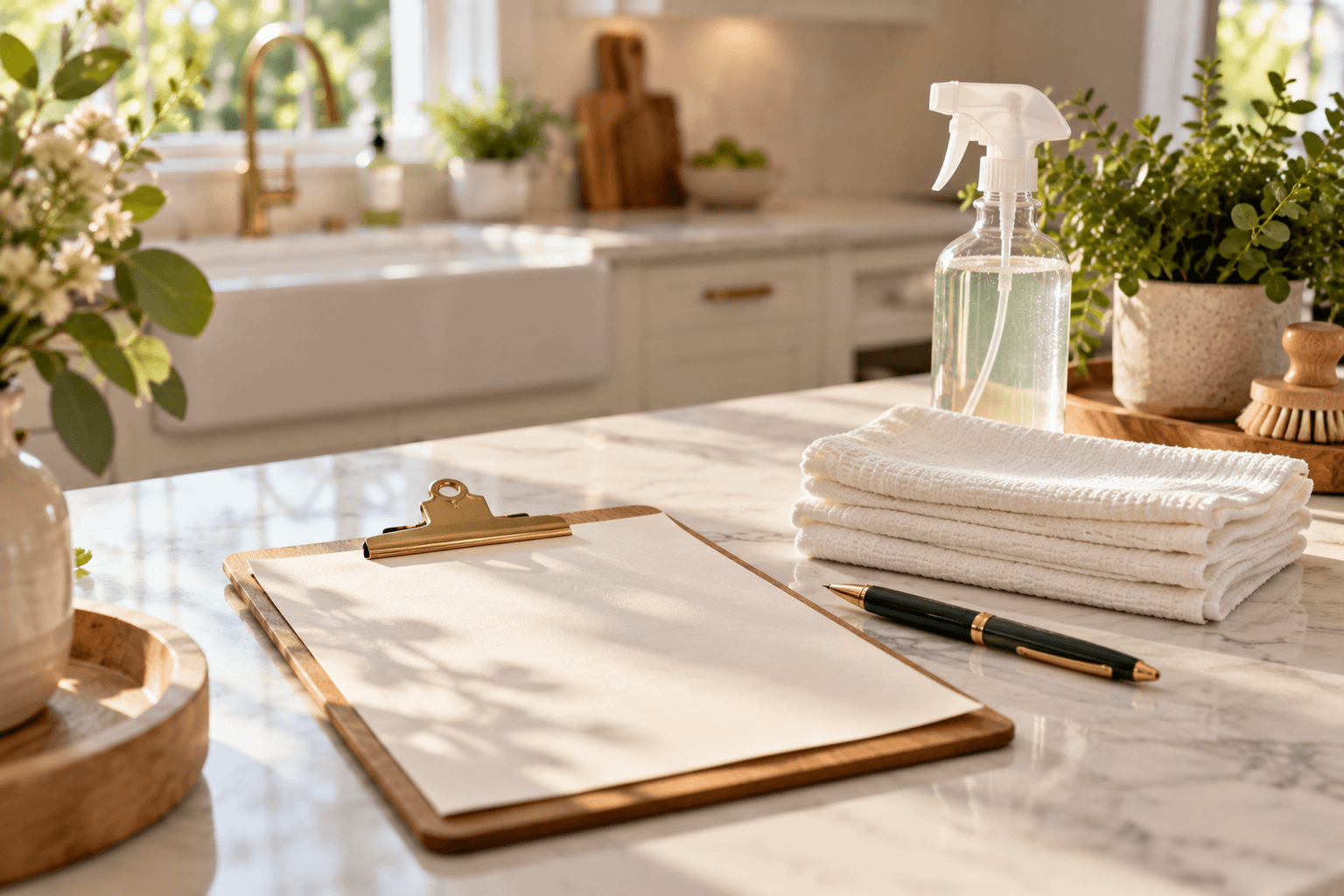 A written flat rate cleaning quote beside fresh supplies in a bright Halton home
