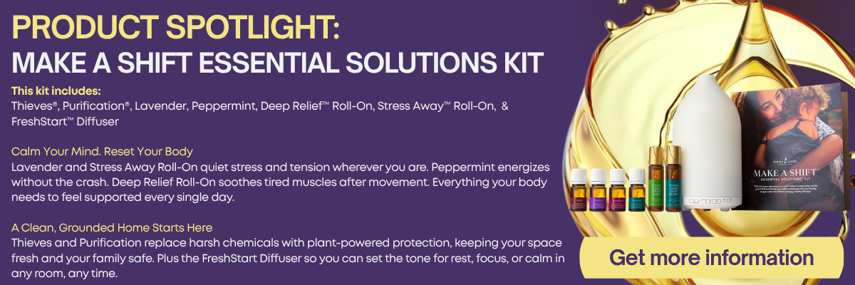 Young Living Make a Shift Essential Solutions Kit including Thieves Purification Lavender Peppermint Deep Relief Roll-On Stress Away Roll-On and FreshStart Diffuser for nervous system support stress relief and a clean toxin-free home