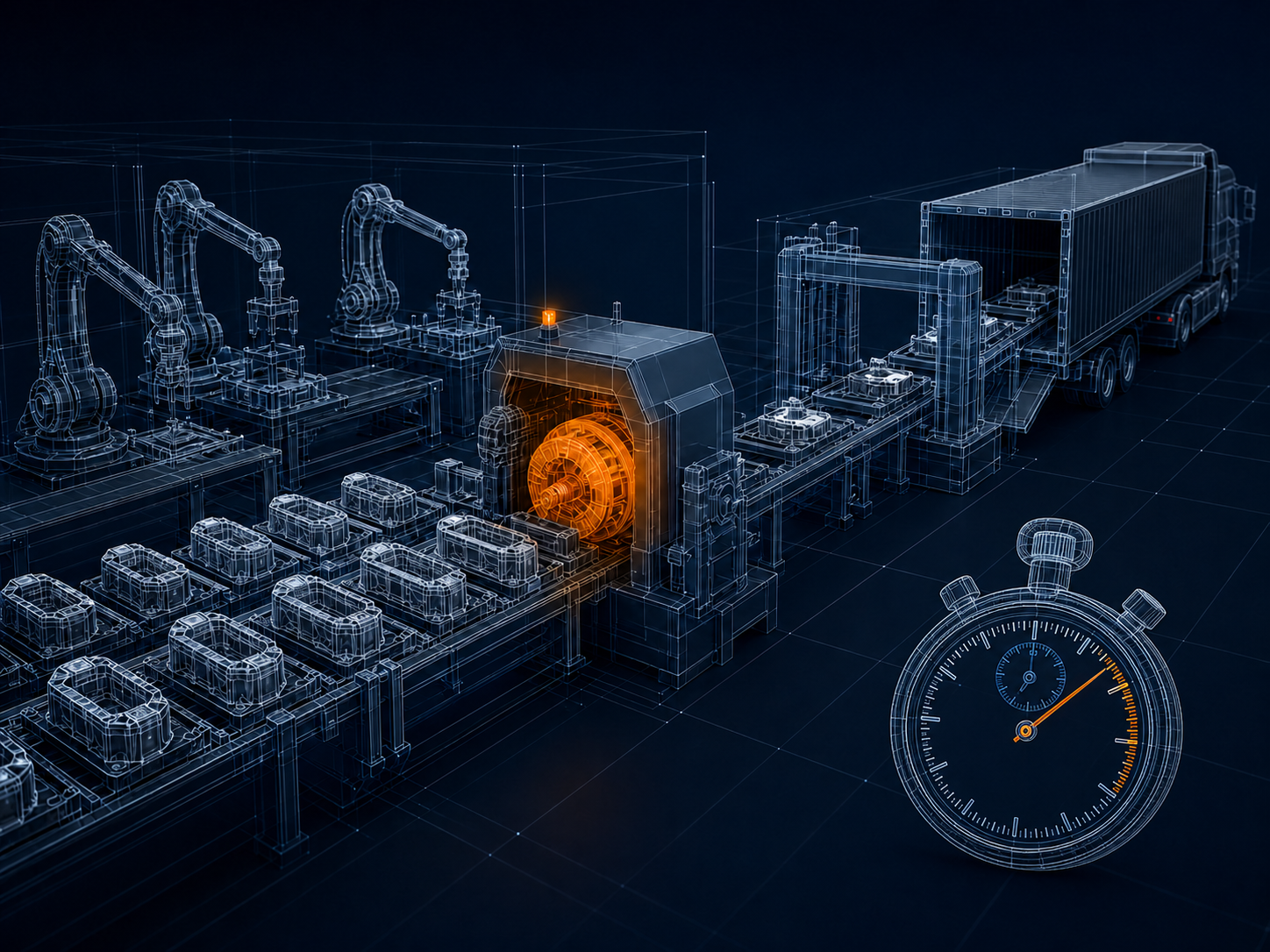Plano CAD de una línea de producción detenida, con un cronómetro para medir tiempos y movimientos