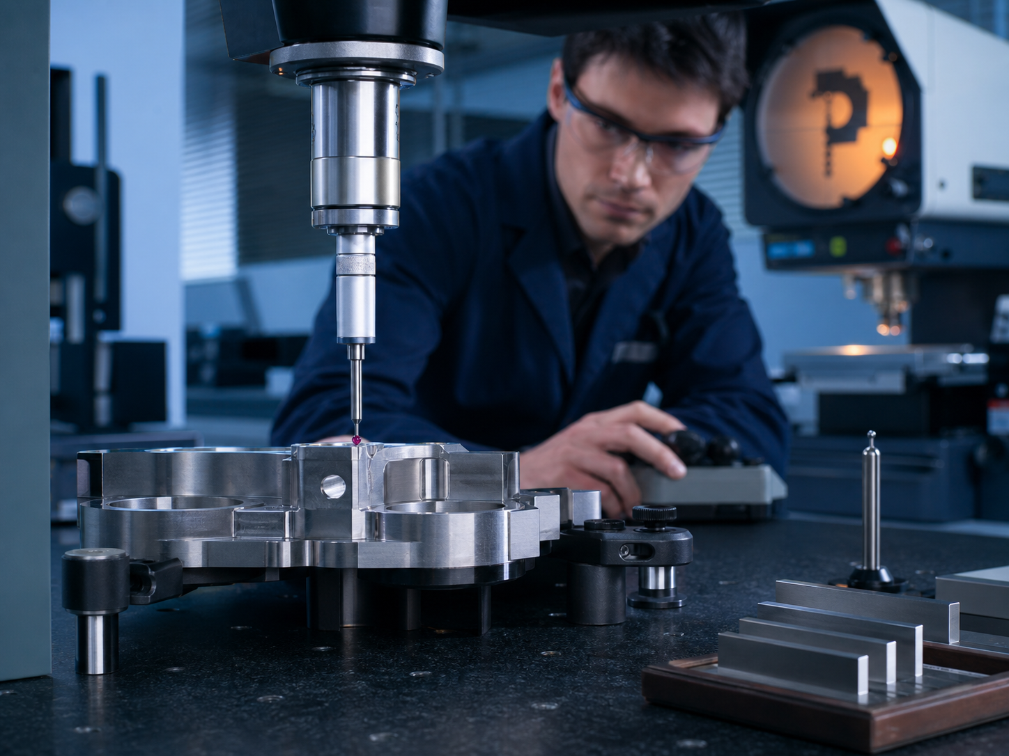 Medición de alta precisión con una máquina CMM sobre una mesa de granito