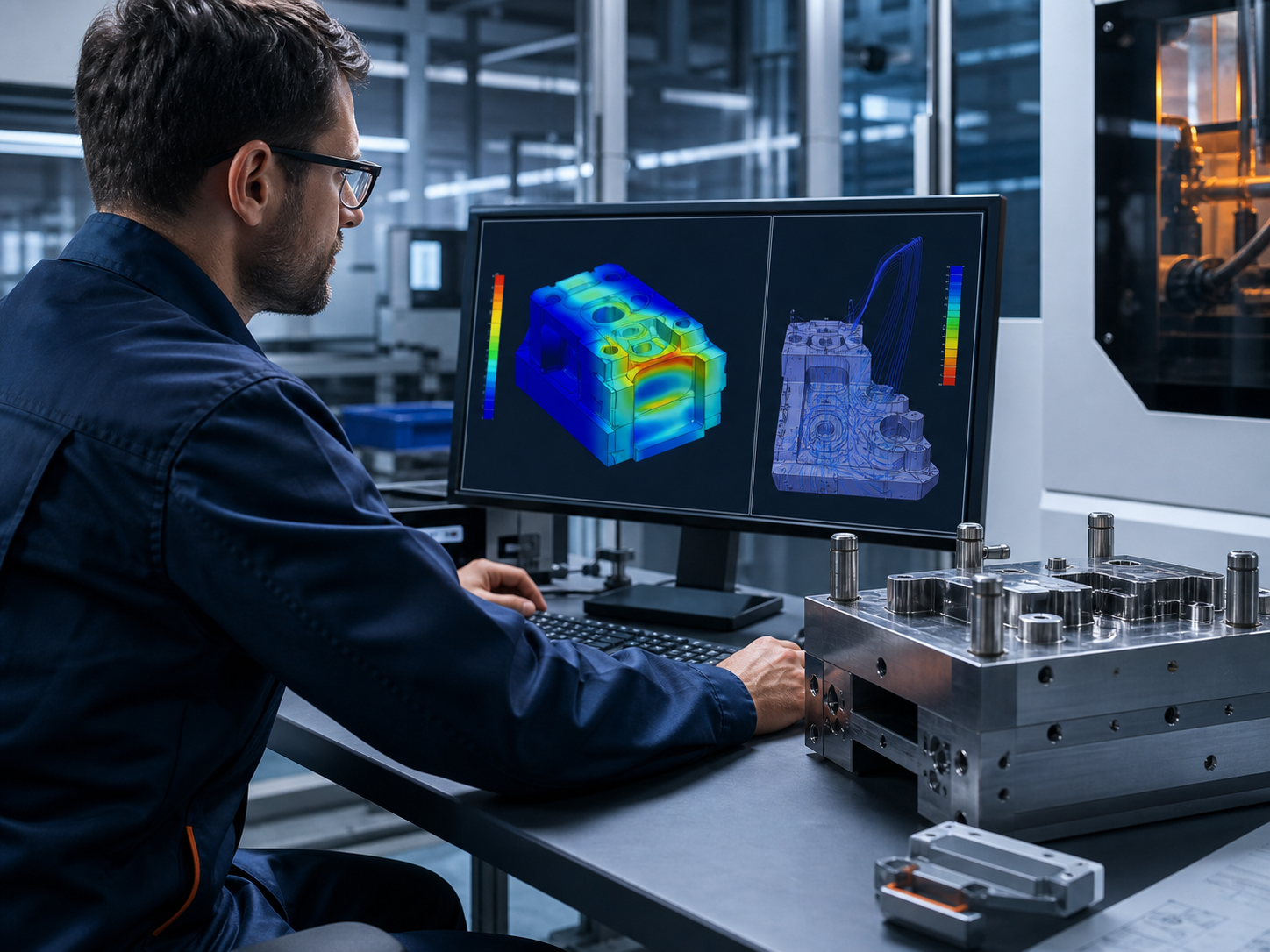 Ingeniero validando una simulación FEA junto a un molde de precisión