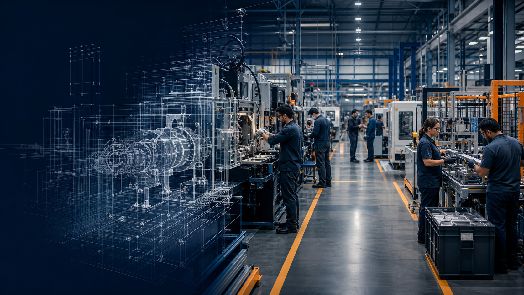 Diseño CAD que se transforma en una línea de producción con maquinaria, procesos y personal trabajando