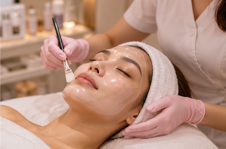 Facial treatment in a relaxing clinic