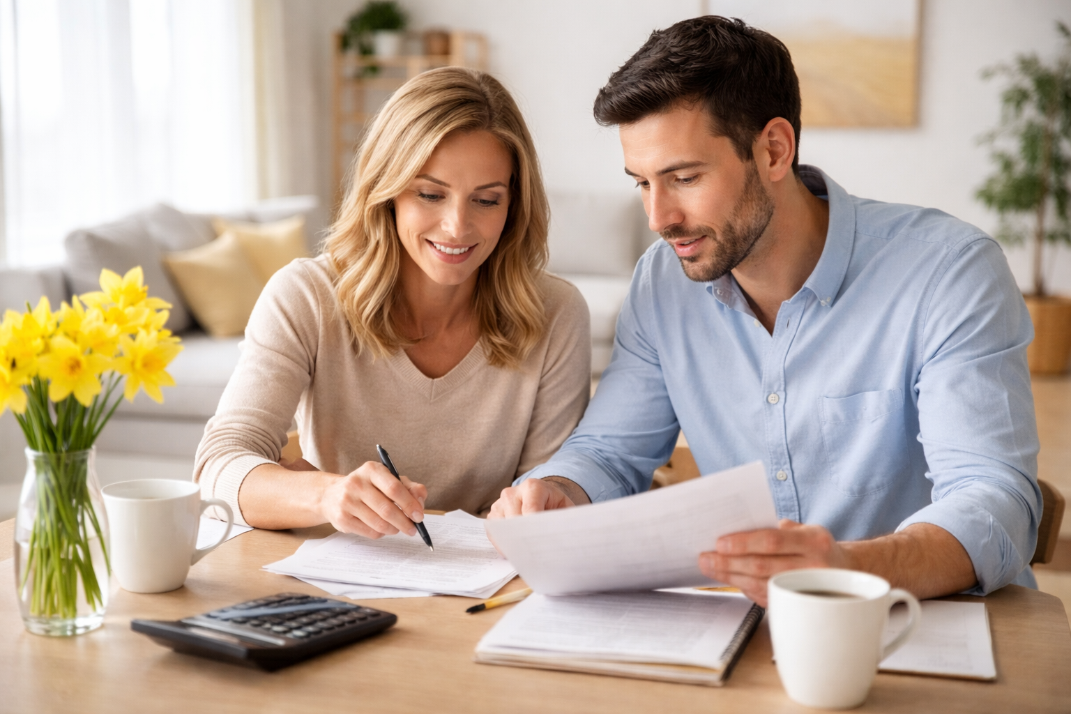 couple sitting together reviewing financial agreements