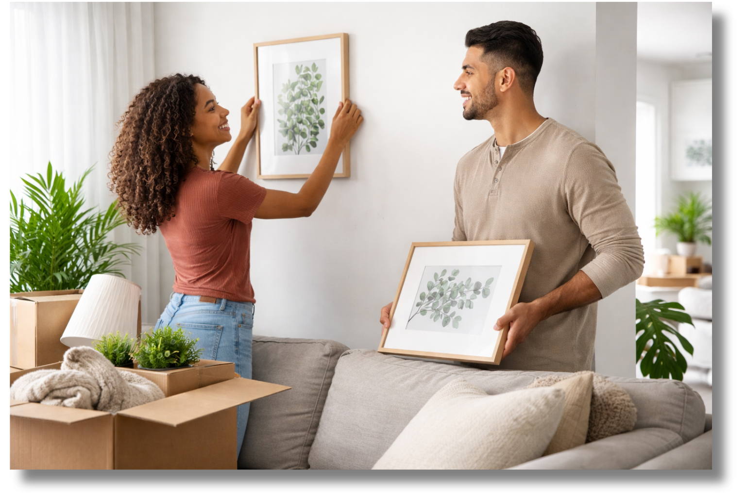 Couple setting up their home, representing cohabitation and shared living arrangements.