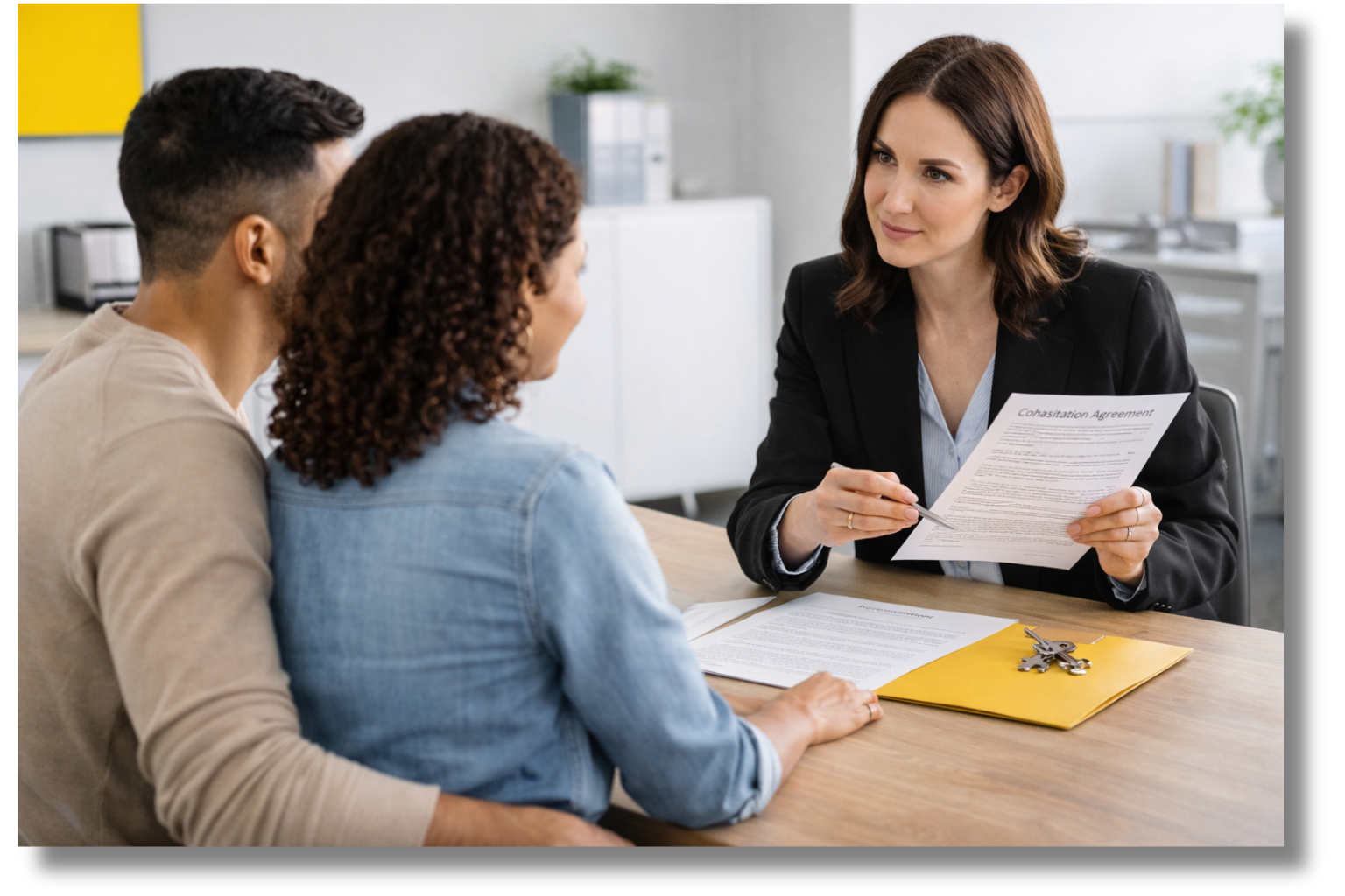 Couple reviewing cohabitation agreement documents together at a table, focusing on financial arrangements and shared responsibilities Couple reviewing cohabitation agreement documents together at a table, focusing on financial arrangements and shared responsibilities