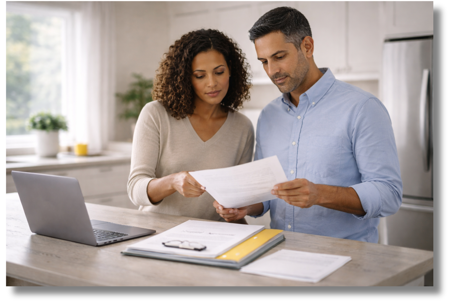 Reviewing documents in a modern kitchen
