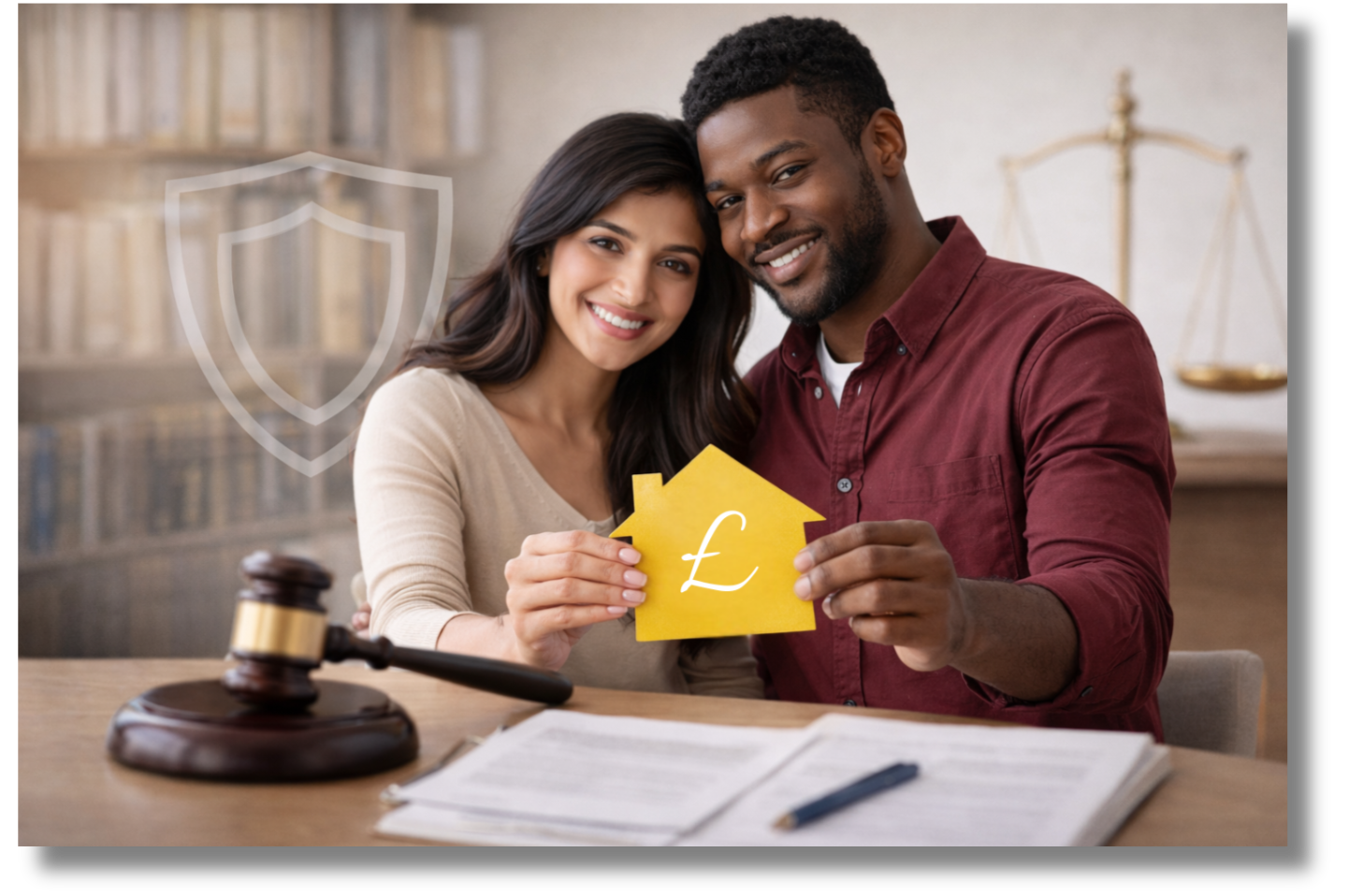 Couple representing financial security and asset protection through nuptial agreements in a legal setting Couple representing financial security and asset protection through nuptial agreements in a legal setting