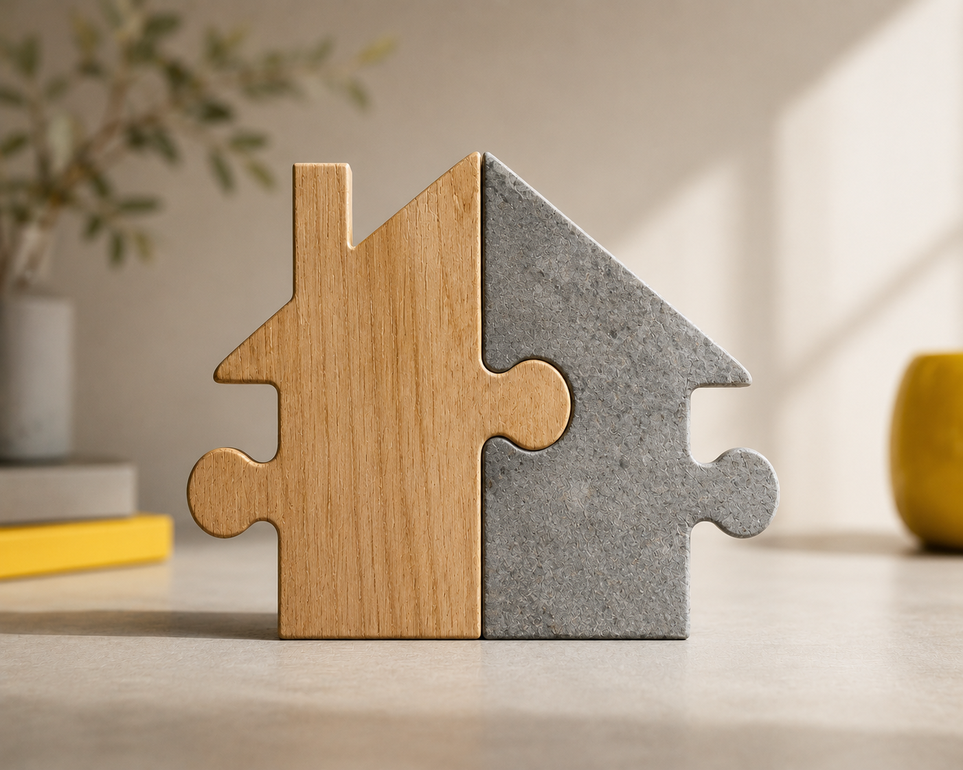 Two jigsaw pieces forming the outline of a house