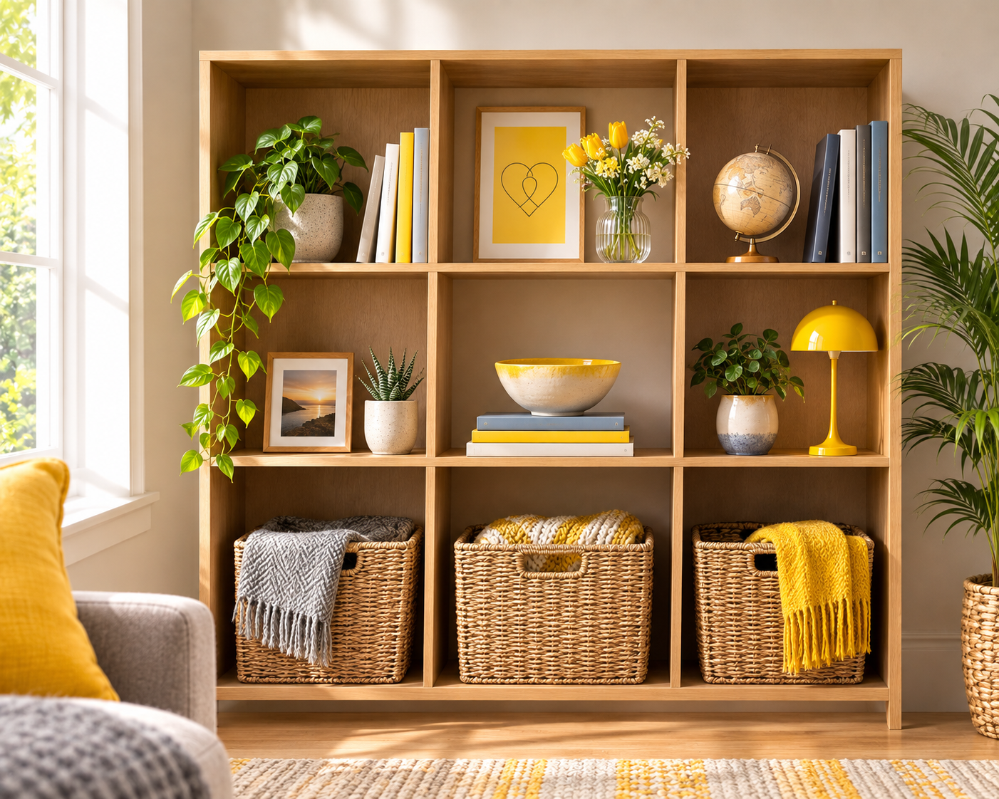 An empty shelving unit with belongings deliberately arranged into separate and shared sections An empty shelving unit with belongings deliberately arranged into separate and shared sections