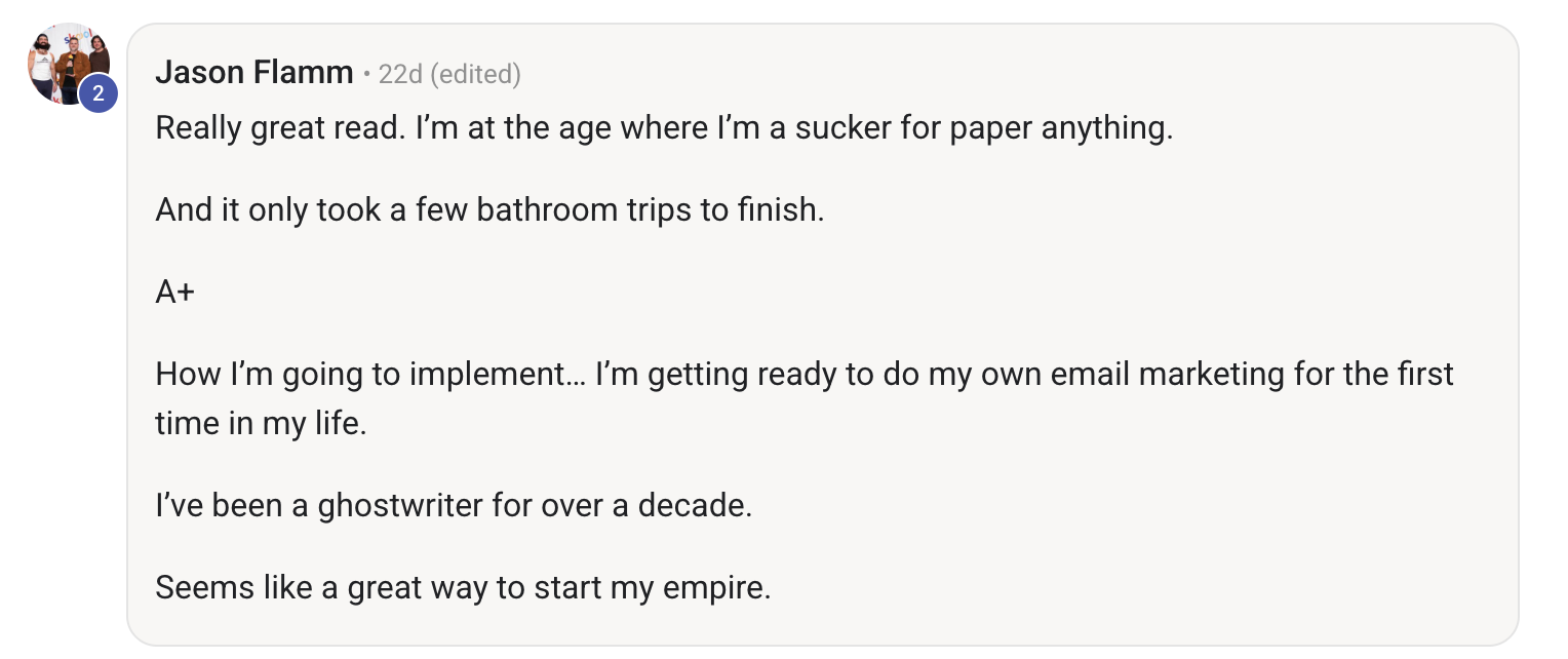 Jason Flamm's testimonial about The Unboring Letter