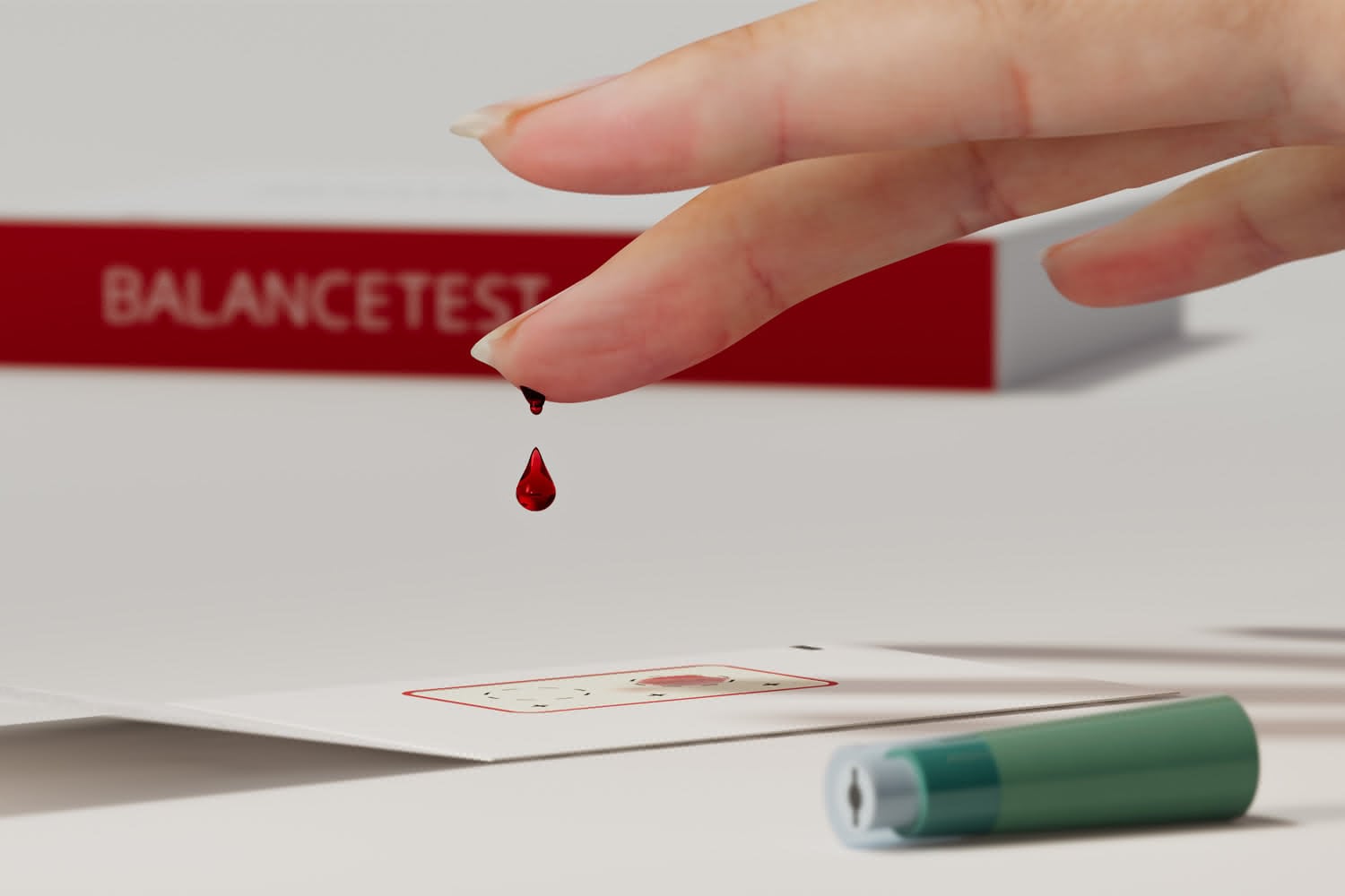 A drop of blood being collected onto a BalanceTest dried blood spot card