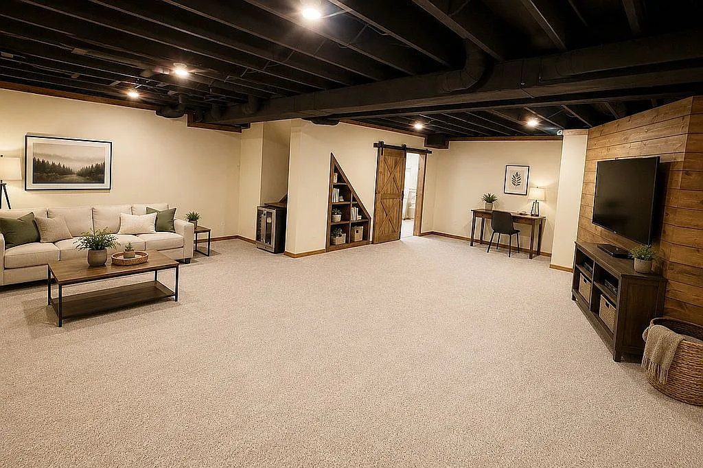Finished basement rec room with barn door