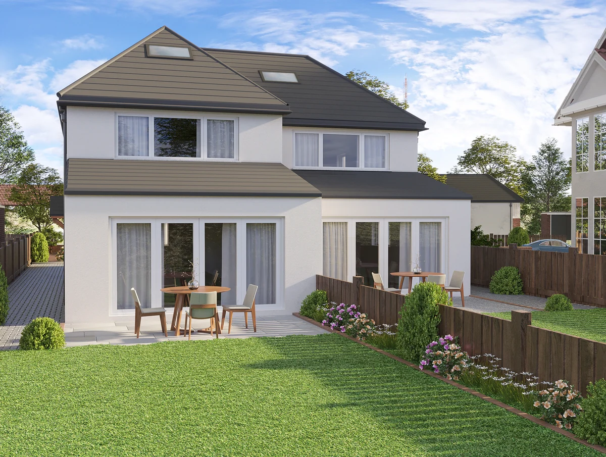 Rear architectural visualisation of the New Malden development showing garden terraces