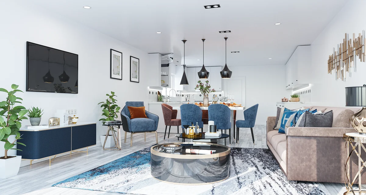 Architectural visualisation of the open-plan living, dining and kitchen space at New Malden